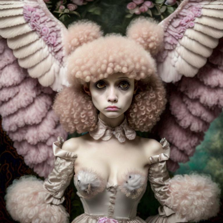 Surreal portrait of person with pale skin and elaborate costume