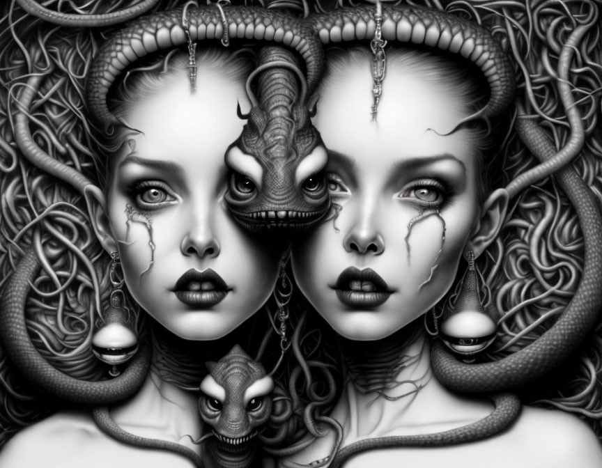 Grayscale fantasy illustration of symmetrical serpentine faces with two-headed dragon creature