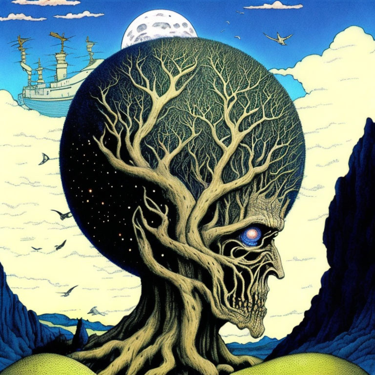 Surreal landscape illustration with tree-like head and ship in moonlit sky