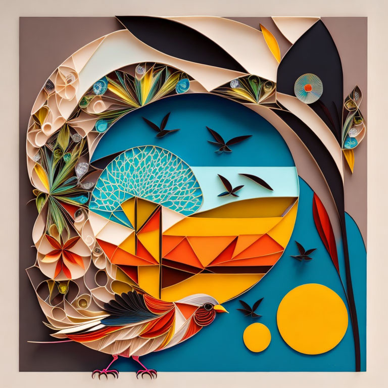 Vibrant Abstract Paper Art: Geometric Shapes, Birds, Fish, and Nature Forms