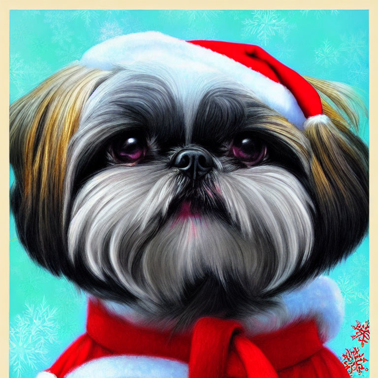 Fluffy Dog in Santa Hat and Red Scarf on Turquoise Snowflake Background