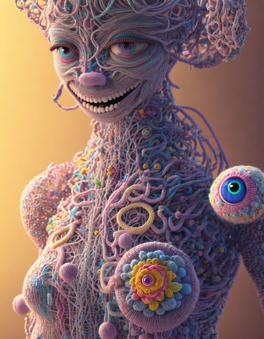 Colorful 3D character with large eyes and wide smile on warm background