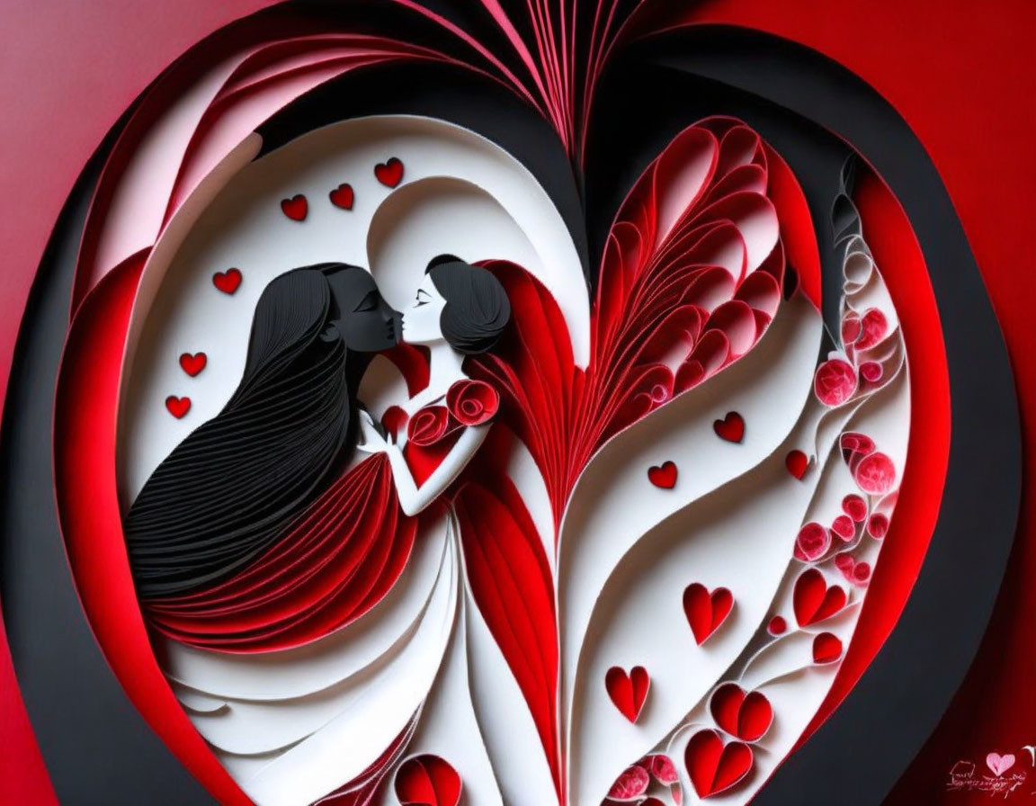 Intricate paper art: Silhouetted figures in heart embrace surrounded by red and white swirl