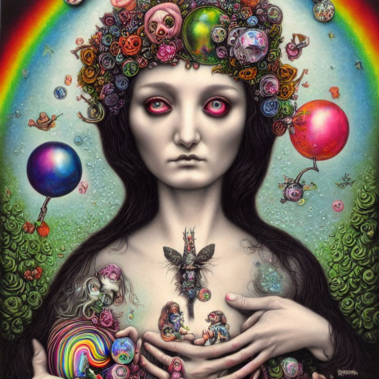 Colorful surreal portrait of a woman with rainbow and fantastic creatures.