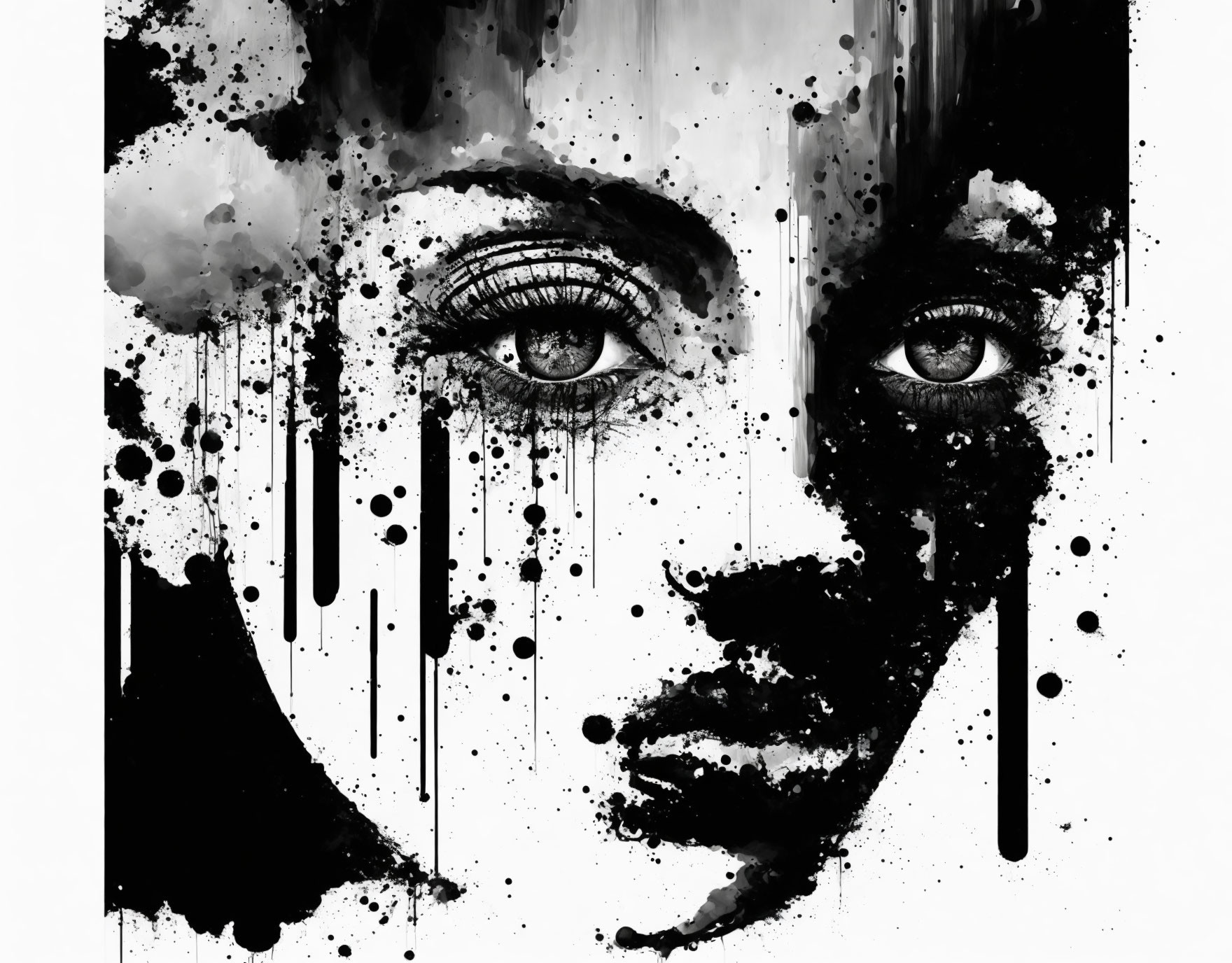 Monochrome abstract artwork: fragmented female face with clear and obscured eye