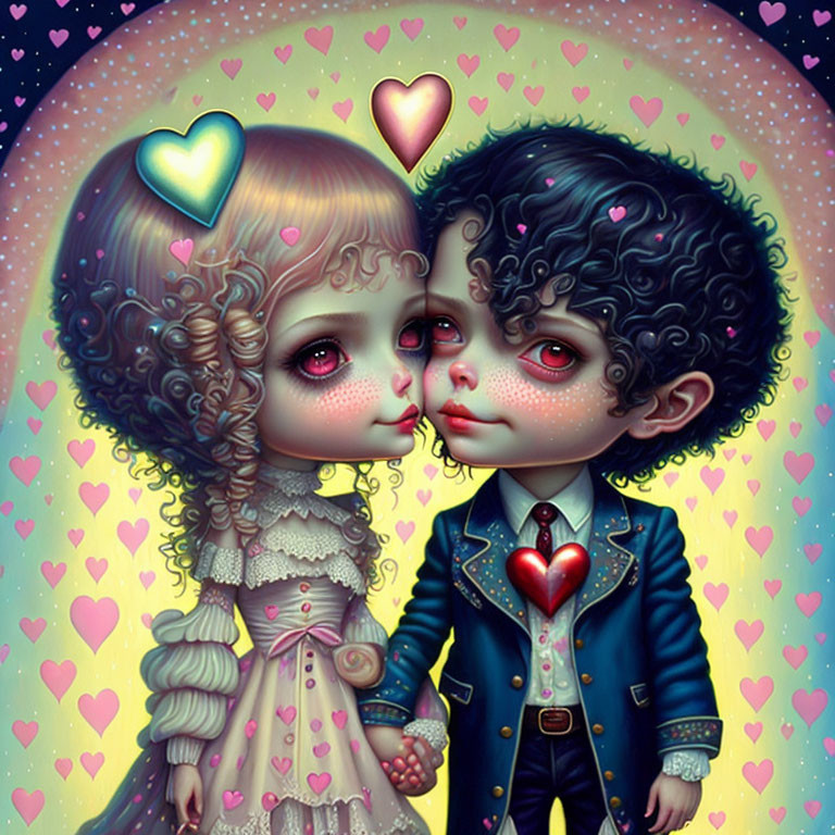 Stylized characters with large eyes and heart motifs holding hands amid colorful hearts