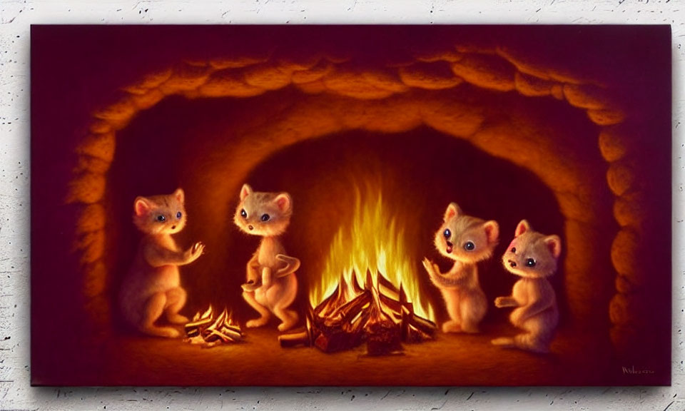 Anthropomorphic meerkats in a burrow with fire - one holding firewood, one st