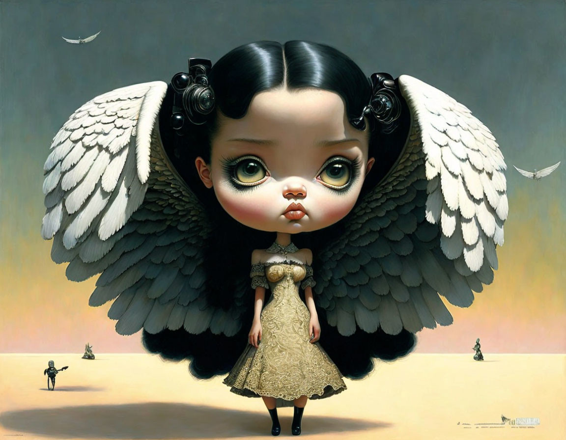 Stylized painting of girl with large eyes and angel wings in surreal landscape