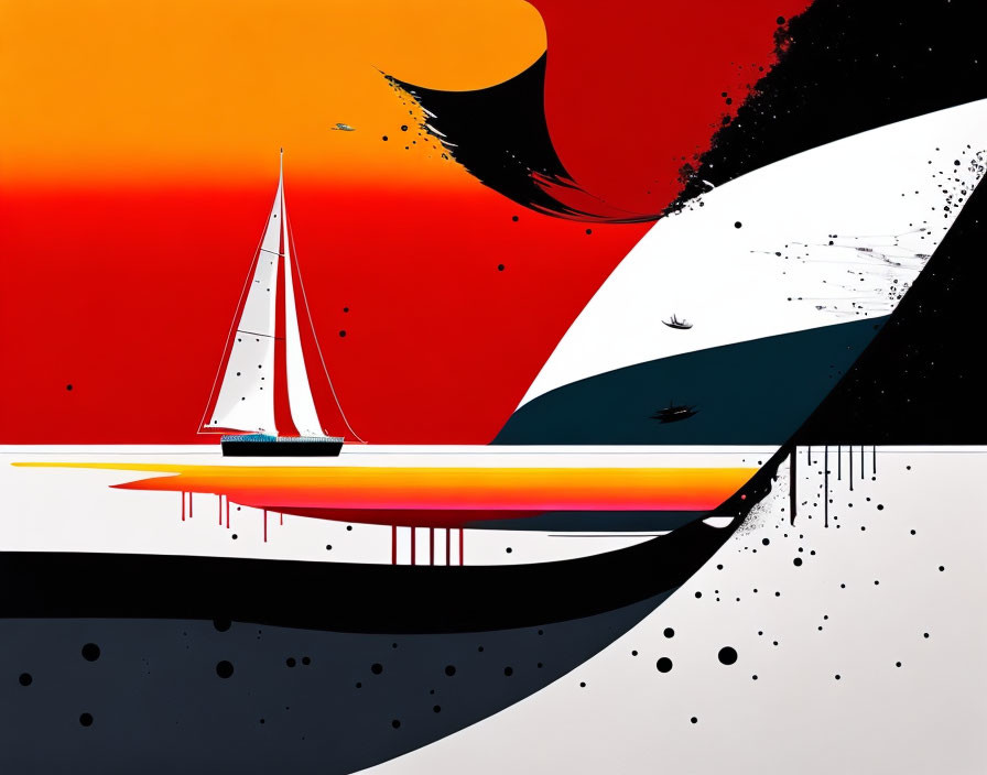 Colorful abstract sailboat art with black and white swirls on orange sky