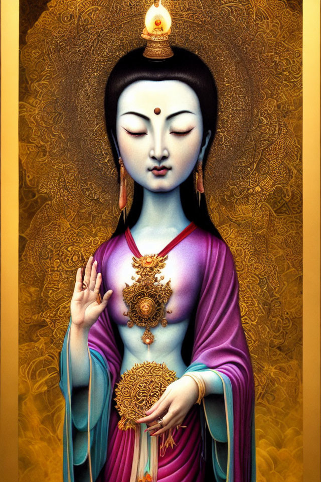 Serene blue deity with halo and golden jewelry on detailed golden background