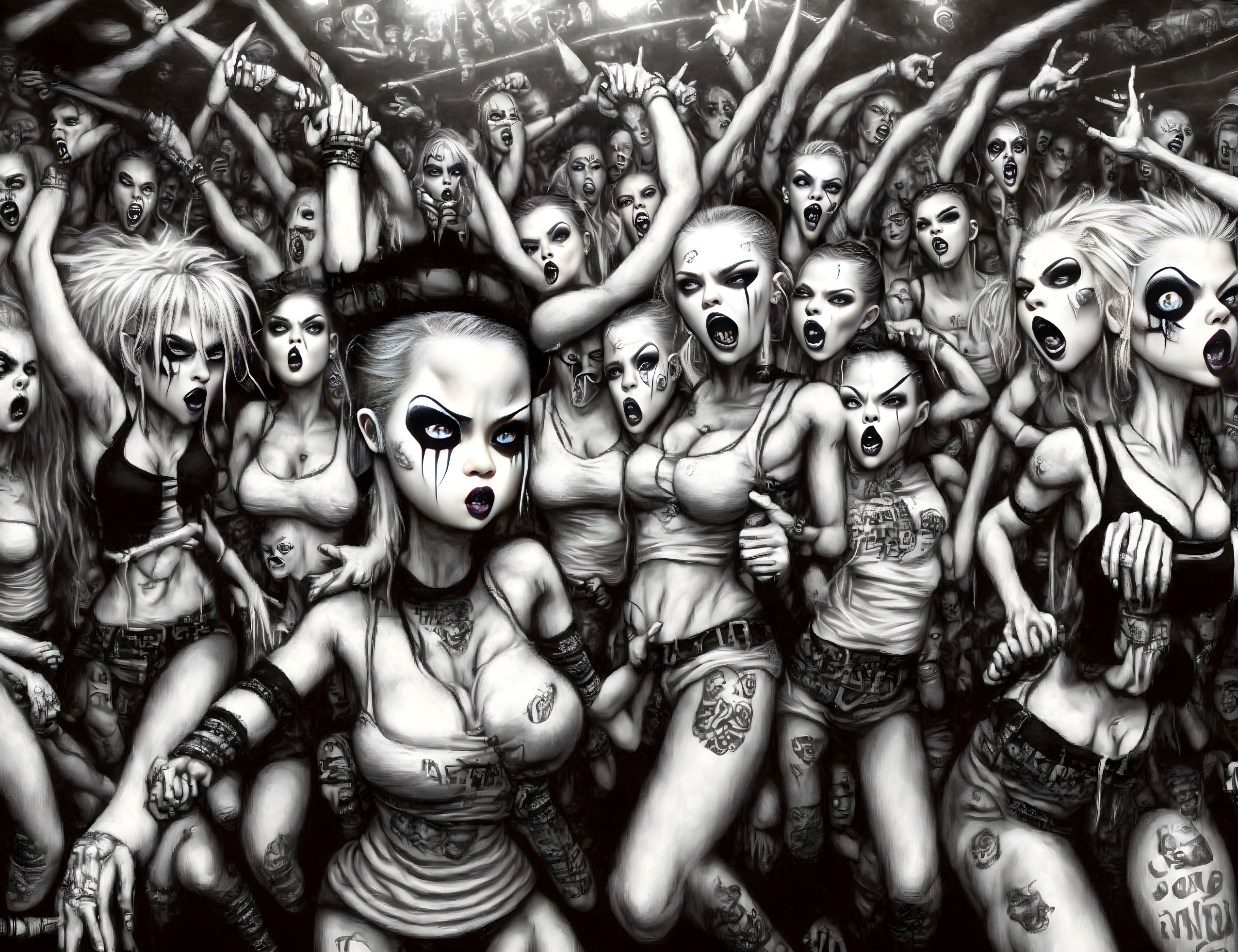 Monochrome animated punk crowd with exaggerated expressions and hairstyles