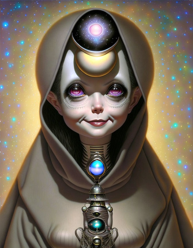 Surreal humanoid figure with cosmic head and mechanical elements