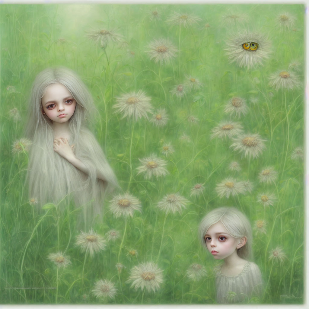 Ethereal fantasy image: Two pale girls with silver hair in green meadow