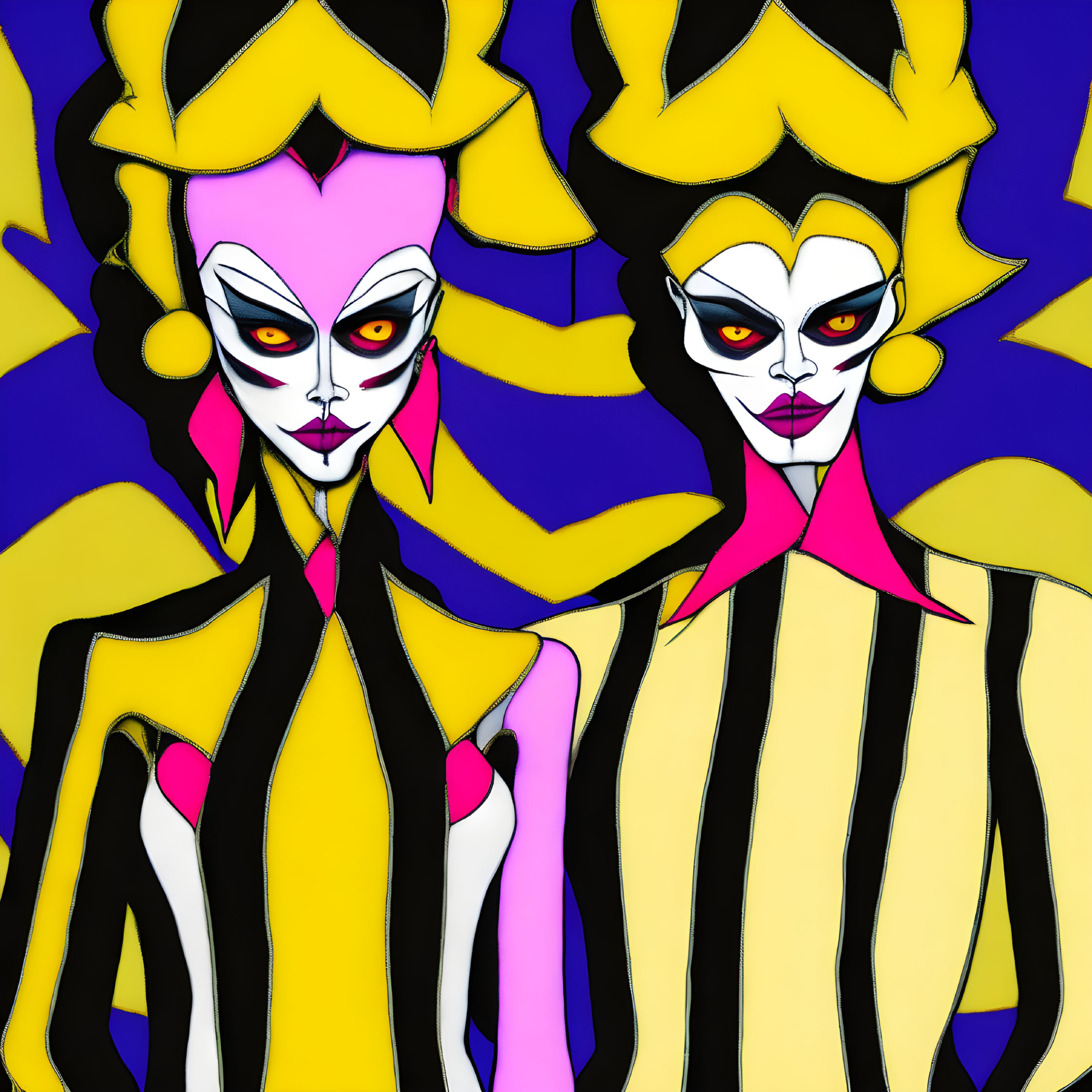 Stylized cartoonish female figures with exaggerated makeup and hairstyles on purple and blue background