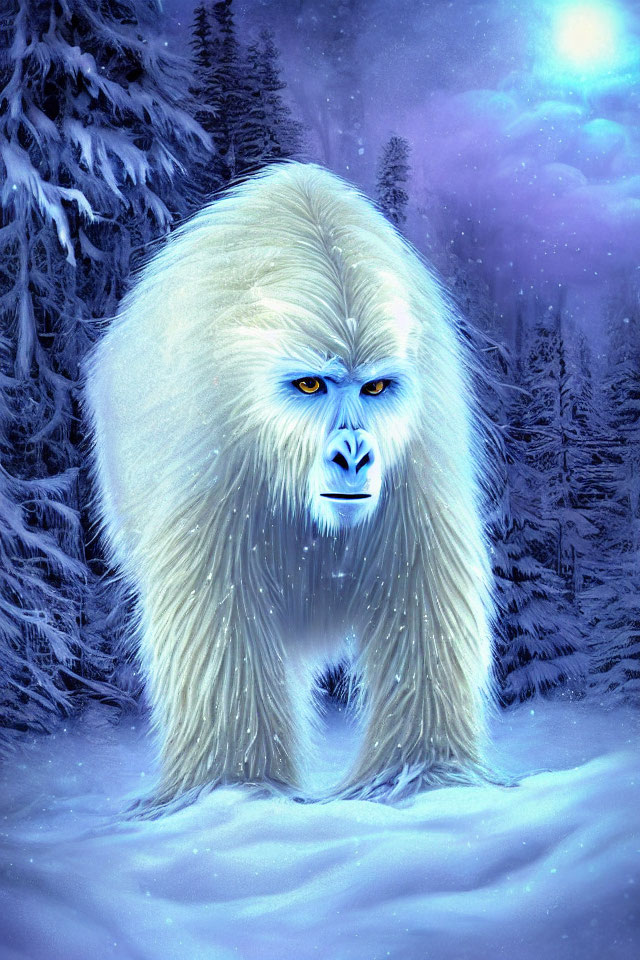 White Yeti with Blue Eyes in Snow-Covered Forest at Twilight