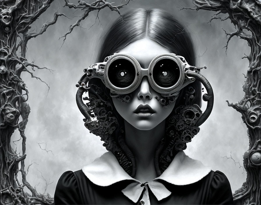 Monochromatic artwork featuring girl with intricate goggles and twisted tree branches