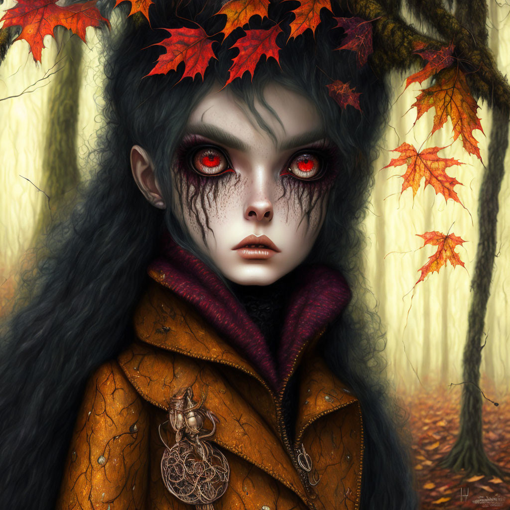 Figure with Red Eyes and Autumn Leaves in Misty Forest