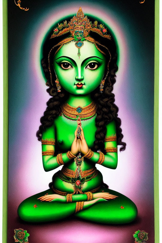 Detailed Illustration of Green-Skinned Female Figure with Four Arms