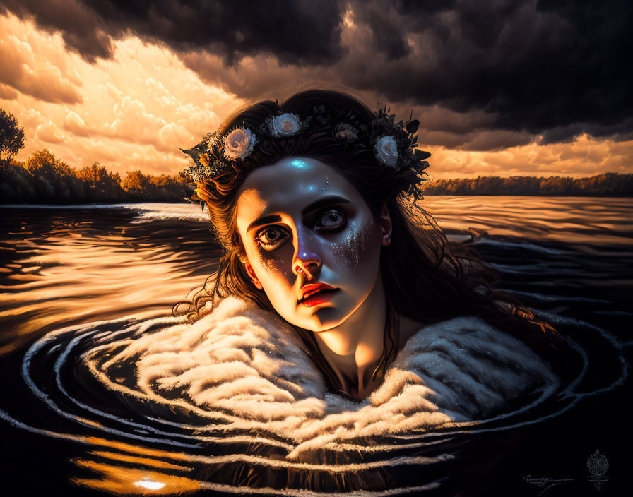 Surreal portrait of woman's face in dark waters with floral crown