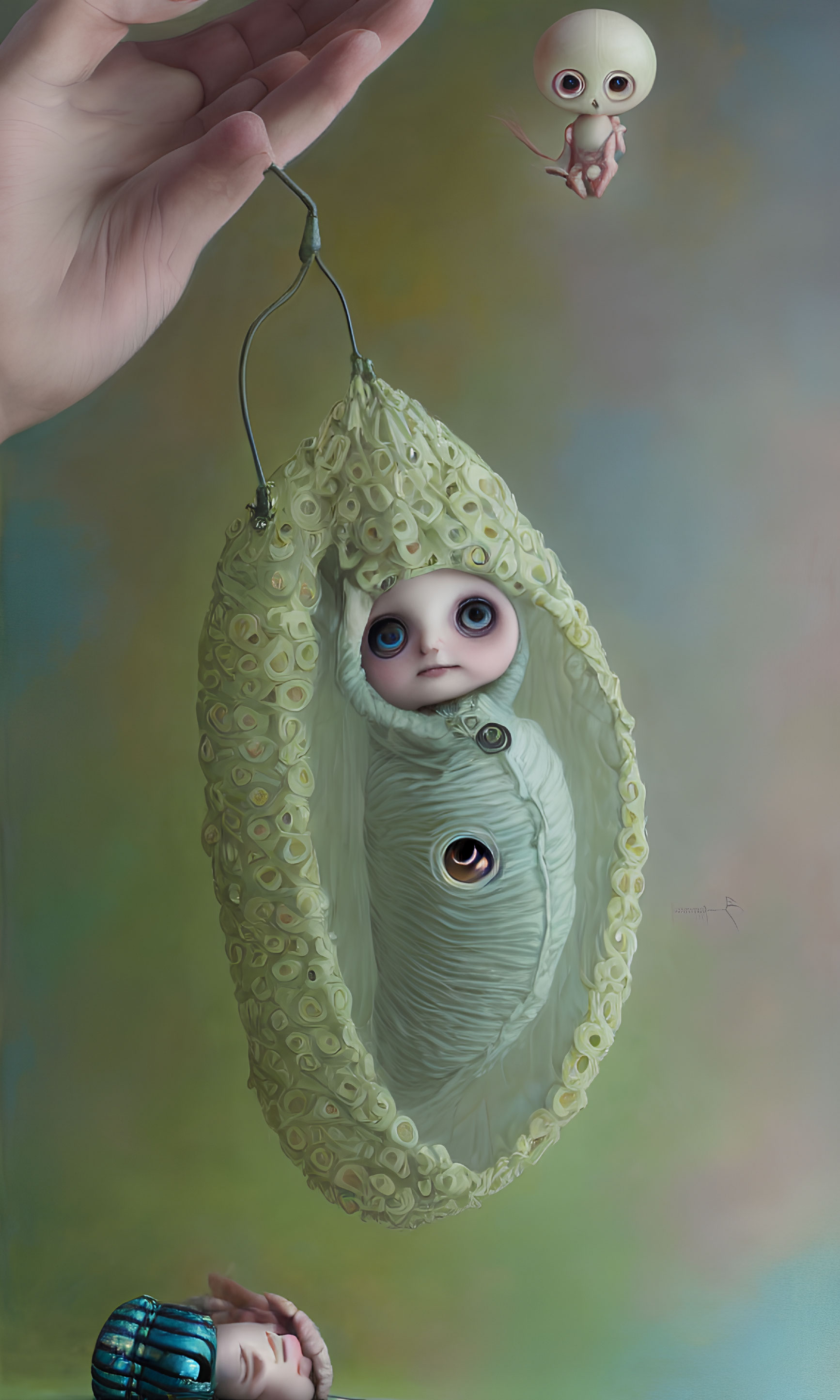 Surreal painting of hand holding cocoon with humanoid inside