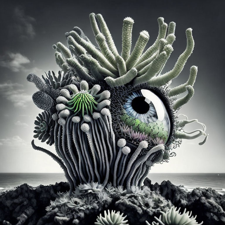 Monochromatic surreal seascape with eye and coral textures