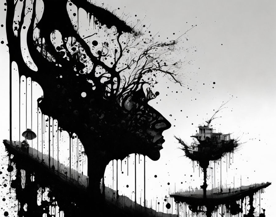 Ink-splattered head silhouette with tree, birds, house, boat landscape