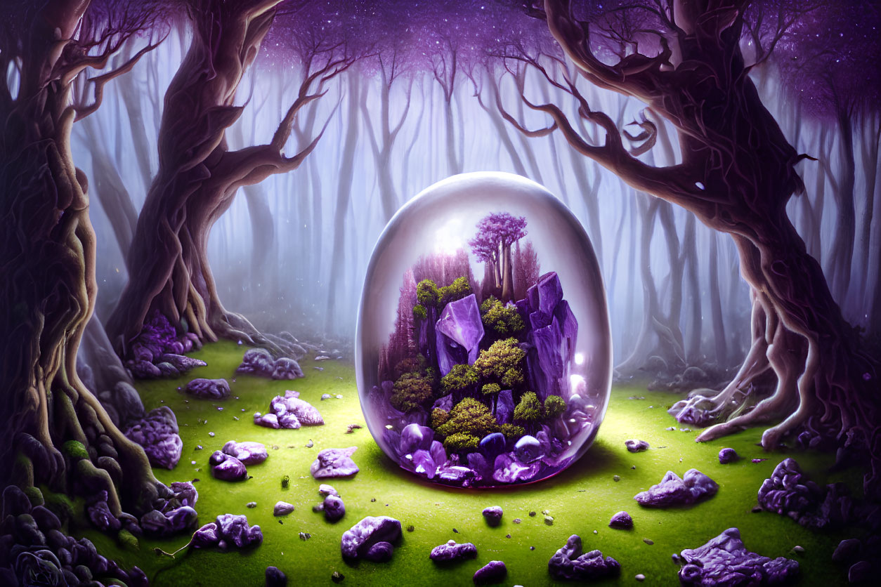 Mystical forest with twisted trees and purple haze, glowing orb with miniaturized landscape and crystals