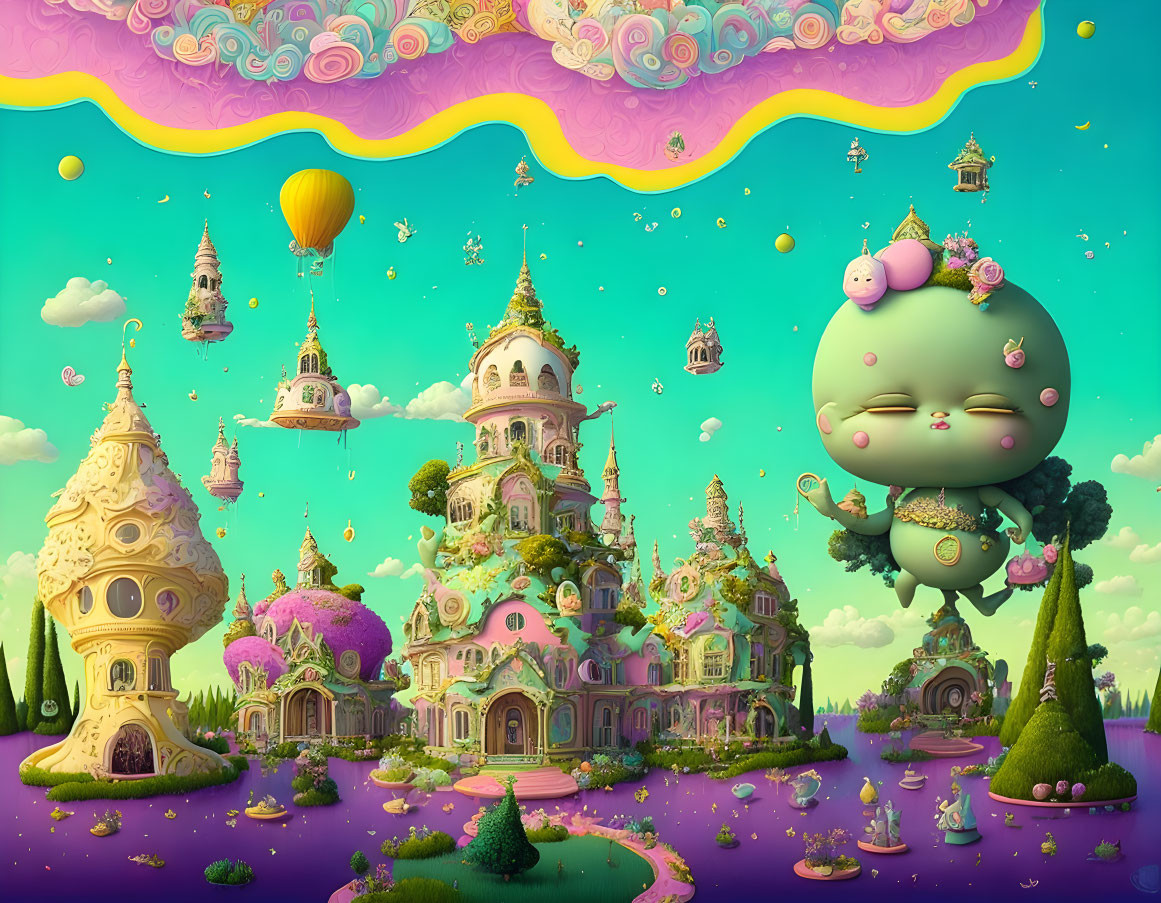 Colorful Fantasy Landscape with Castles, Islands, Balloon, and Cute Green Character