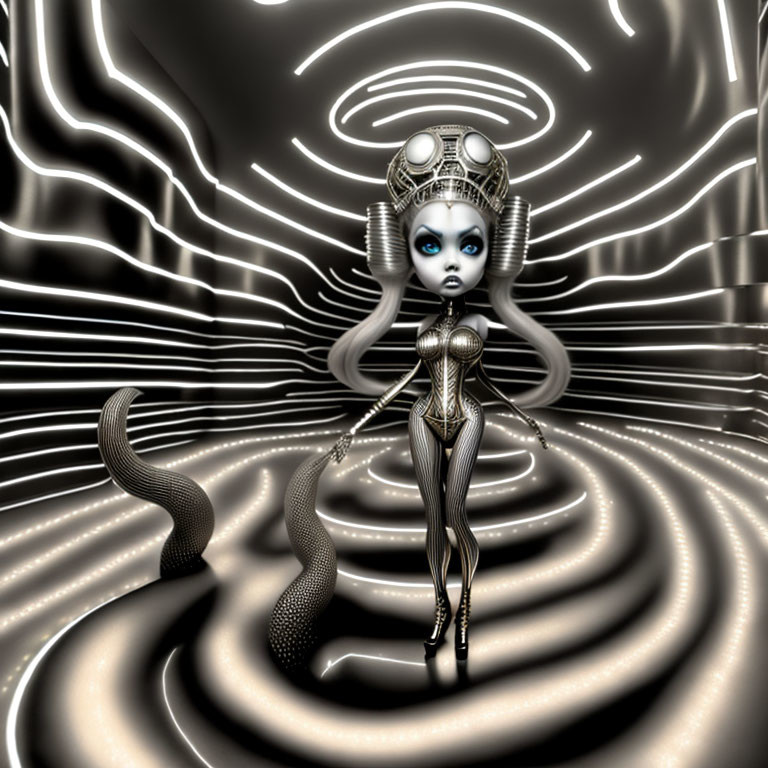 Elaborately dressed 3D character in metallic suit in surreal environment