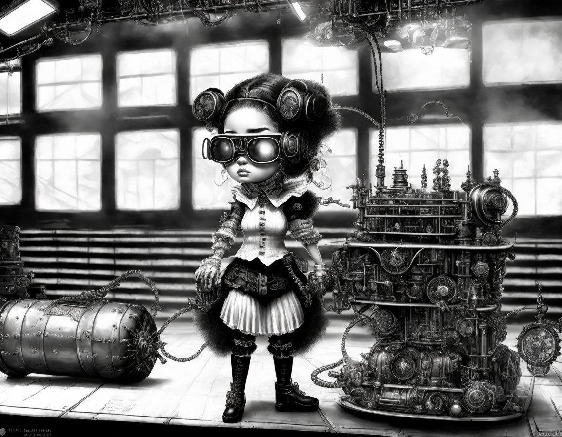 Monochrome Victorian girl with oversized goggles in industrial setting