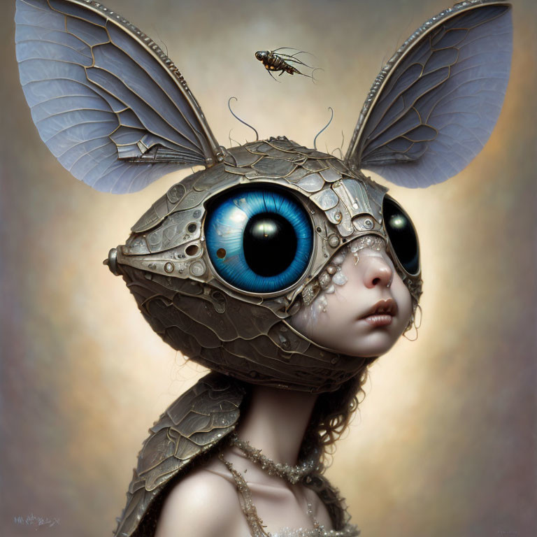 Surreal steampunk artwork with mechanical headpiece and butterfly wings