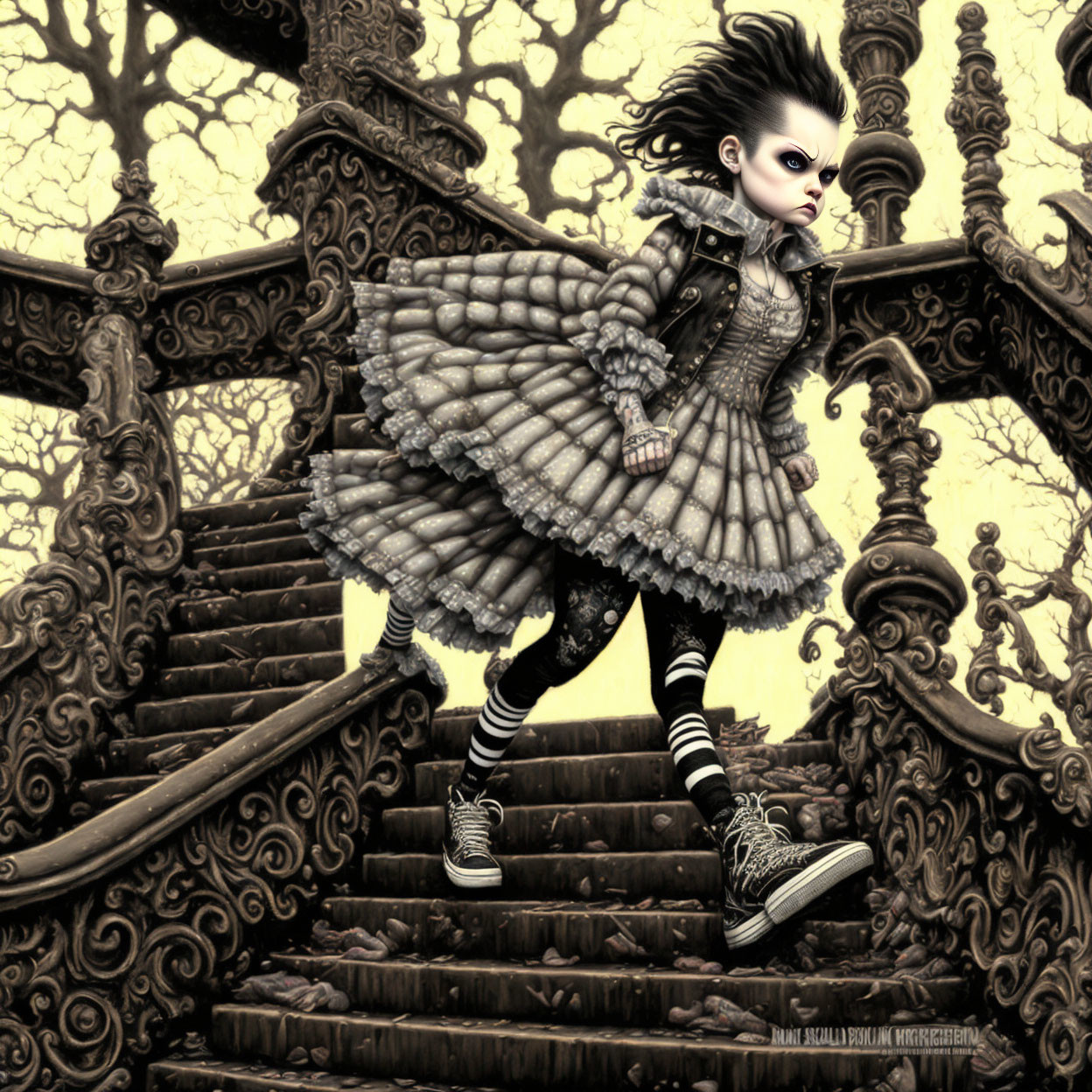 Gothic animated girl in frilly dress on ornate staircase