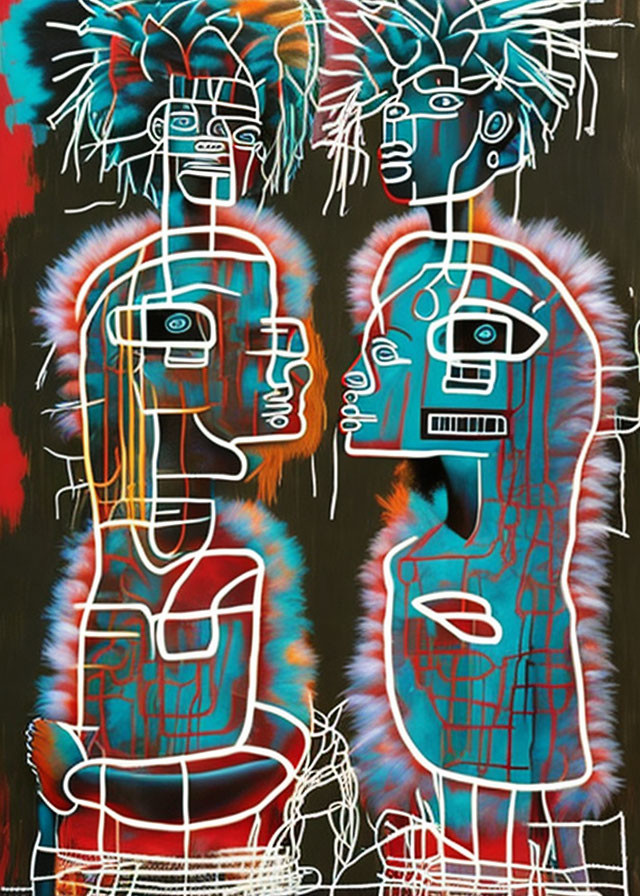 Vibrant abstract painting of two humanoid figures with intricate patterns on black background