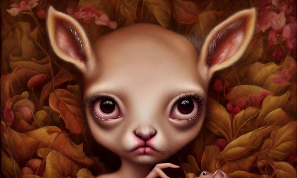 Surreal illustration of creature with expressive eyes and fawn-like ears in warm-toned foliage