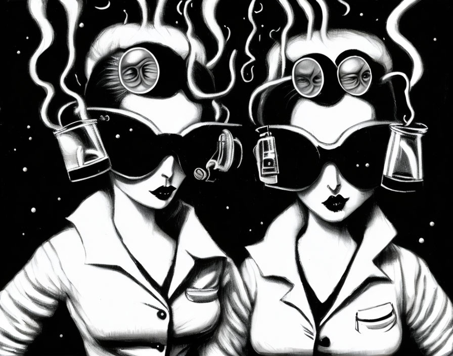 Surreal black and white illustration of women with flaming hair and coffee pots against starry backdrop