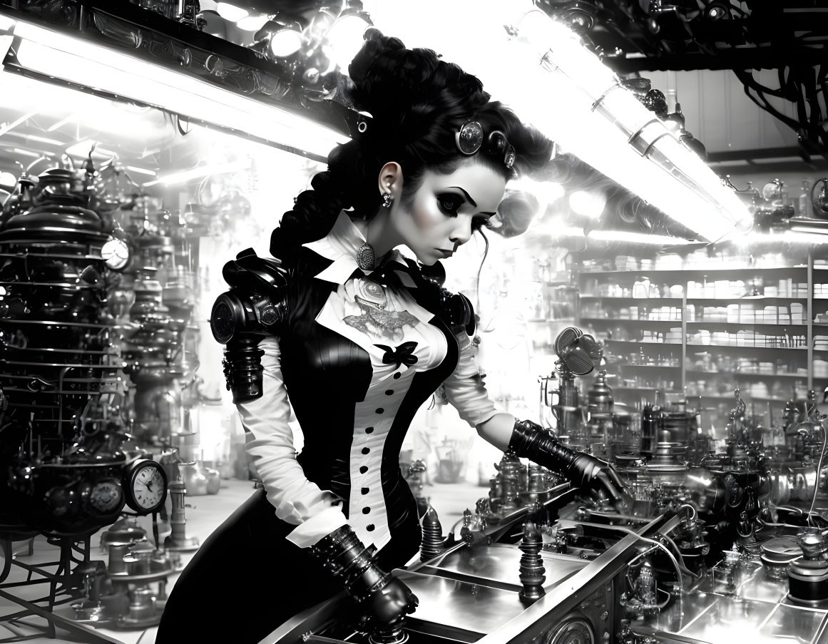 Victorian steampunk woman in black-and-white image with intricate machinery