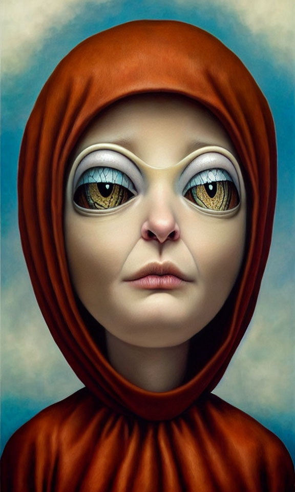 Surreal portrait of person with oversized expressive eyes in orange hood