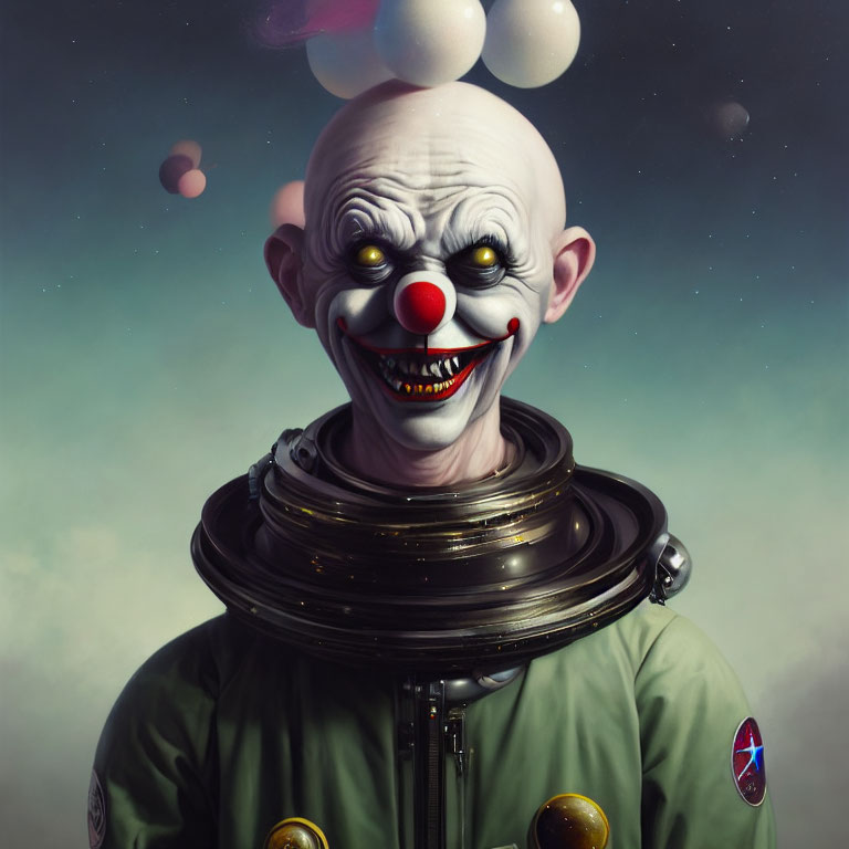 Sinister clown in astronaut suit with sharp teeth against celestial background