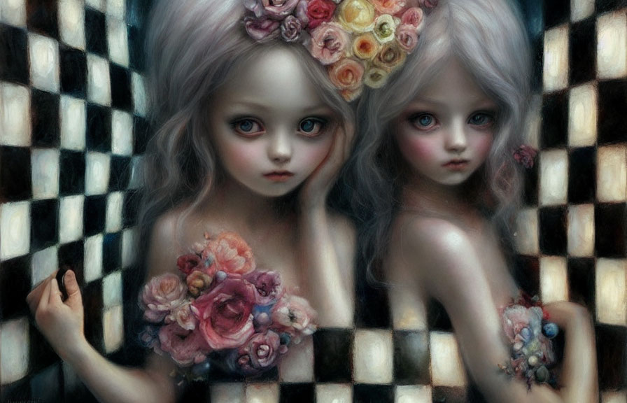 Surreal painting featuring identical girls with large eyes and flowers on a chessboard-patterned background