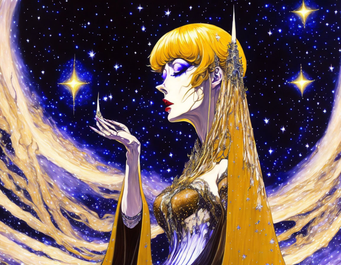 Golden-haired woman in cosmic setting touching glowing light