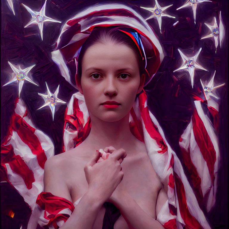 Serene woman draped in American flag-themed fabric with sparkling stars