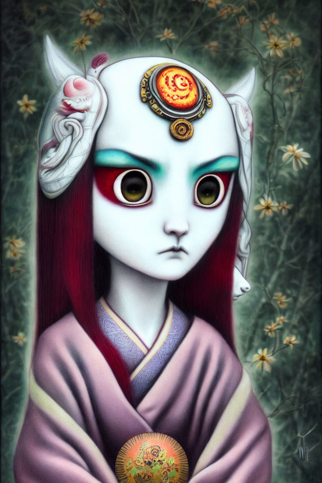 Stylized humanoid cat with third eye in ornate headdress and kimono, set in floral