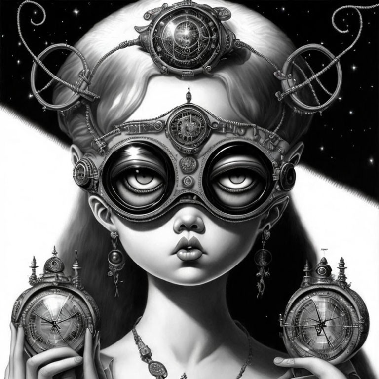 Monochrome girl with steampunk goggles and cosmic theme holding timepieces