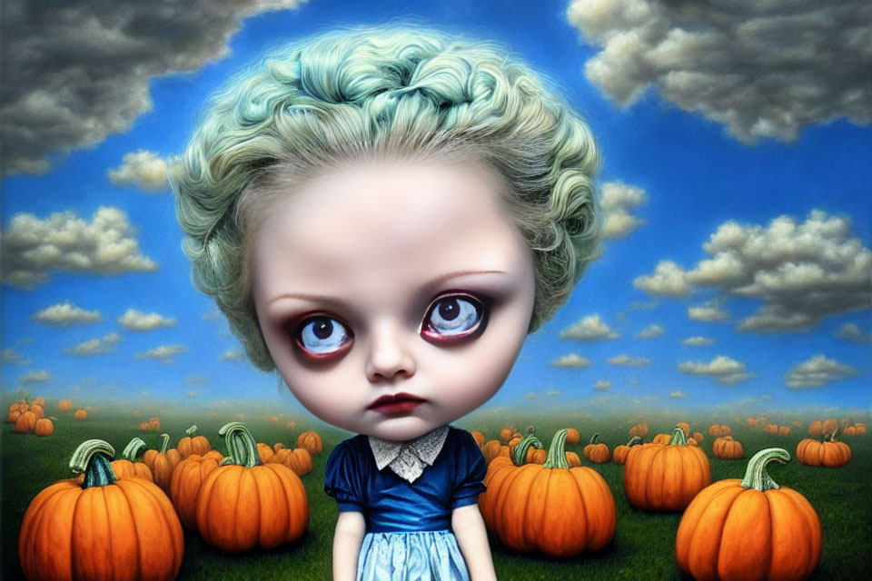 Digital artwork of somber girl with blue hair in pumpkin field