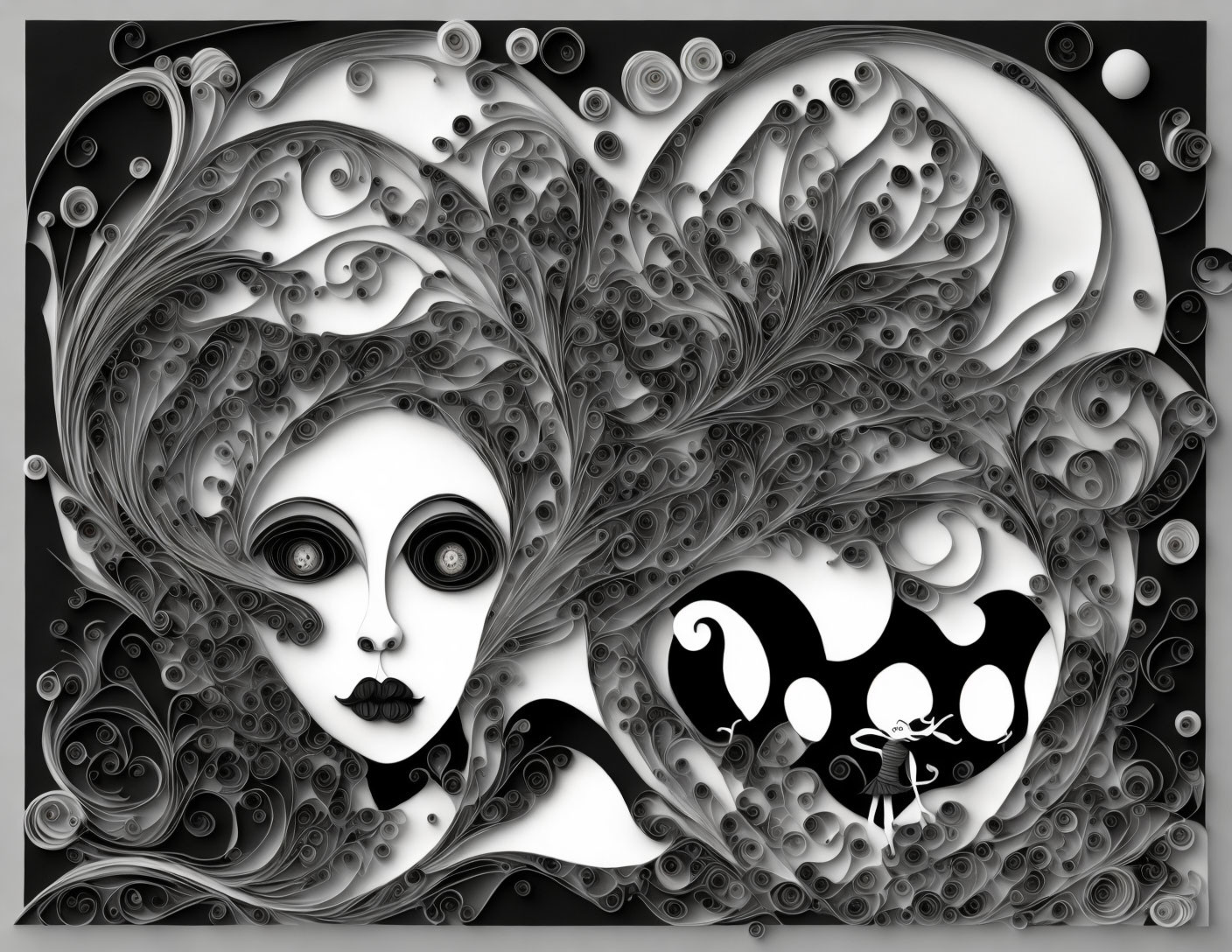 Monochromatic surreal artwork: stylized female face, swirling patterns, abstract shapes