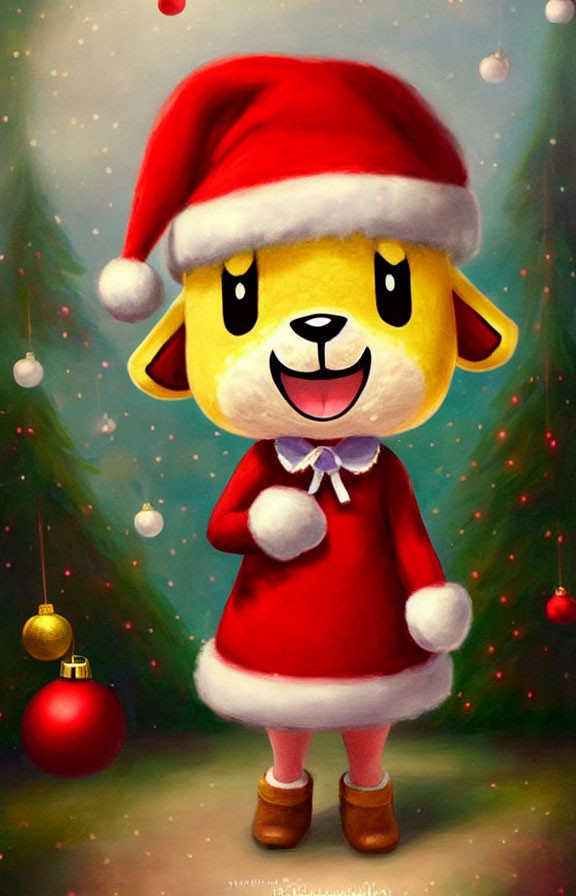 Yellow Dog Character in Santa Hat and Festive Outfit with Ornaments and Lights