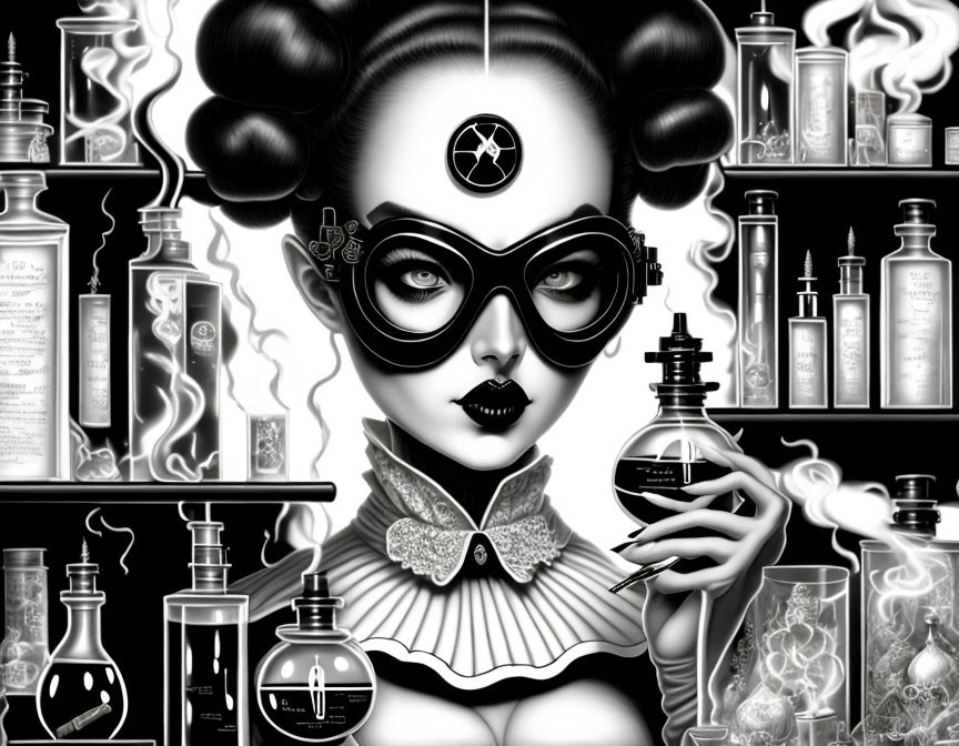 Monochromatic artistic illustration of a steampunk woman with elaborate hair and goggles holding a flask surrounded