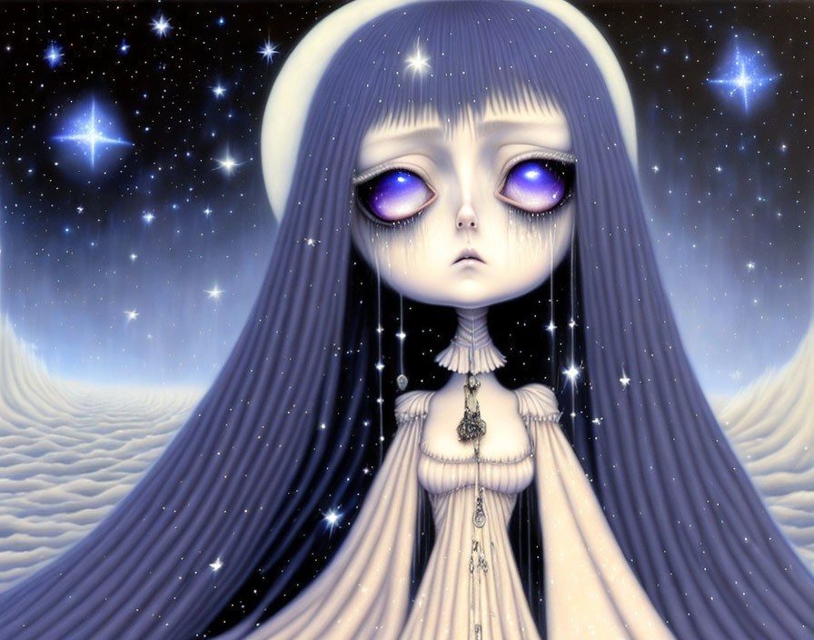 Illustration of girl with large purple eyes in starry night theme