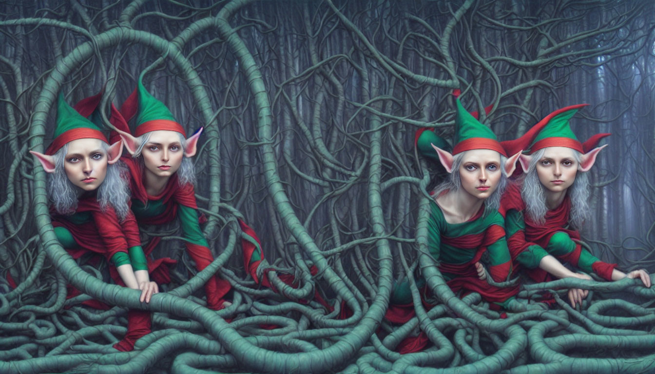 Fantasy elves in red and green outfits among dark green vines