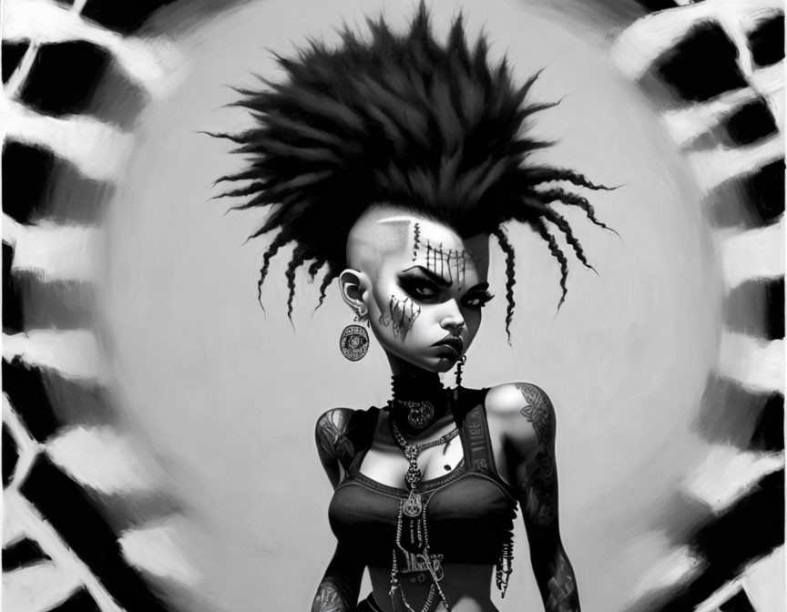 Monochrome digital art of punk-style female with spiked hair and tattoos